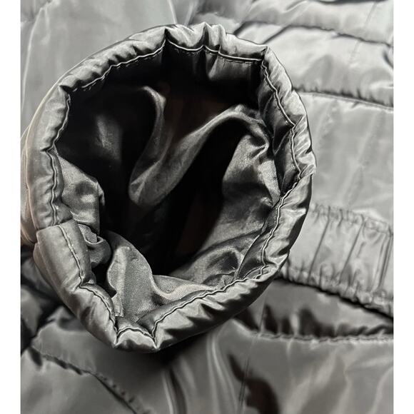 Bebe Long Black Puffer Coat Belted Gold Accents Womens L Double Zipper Hooded - Picture 7 of 16